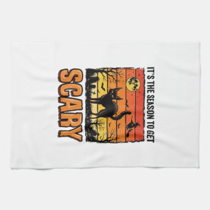 Vintage Halloween Scary Cat Witch Shirt Design_1 Tea Towel