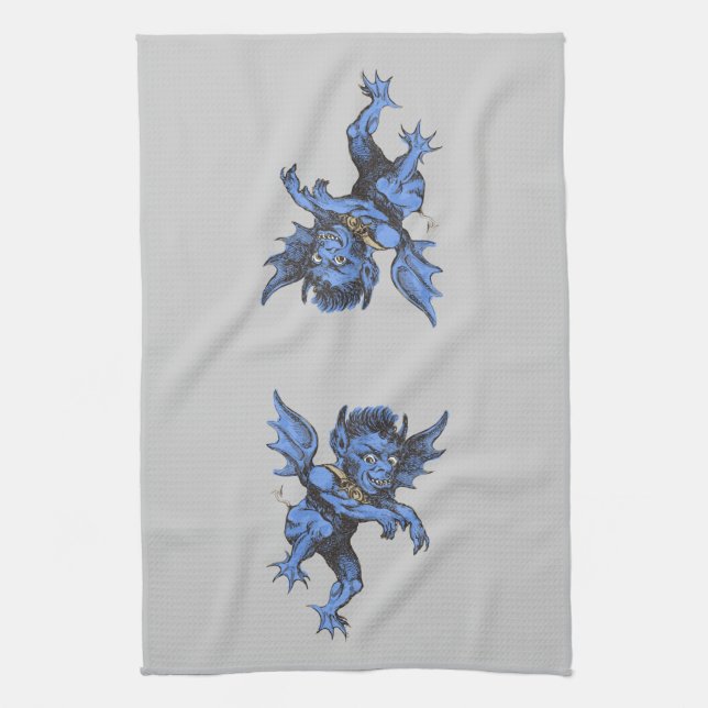 Vintage Halloween, Scary Evil Gargoyle Demon Tea Towel (Vertical)