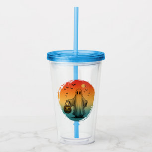 vintage halloween scary ghost pumpkin bats acrylic tumbler