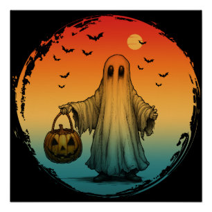 vintage halloween scary ghost pumpkin bats poster