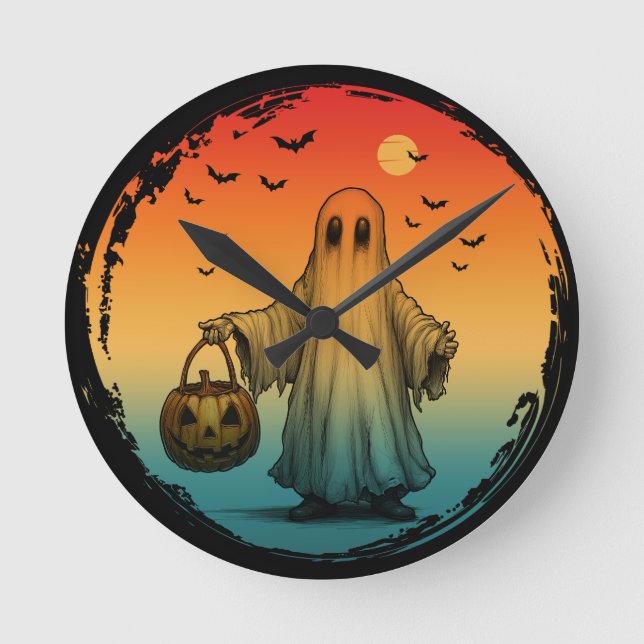vintage halloween scary ghost pumpkin bats round clock (Front)