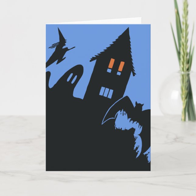 Vintage Halloween, Scary Haunted House and Witch Card (Front)