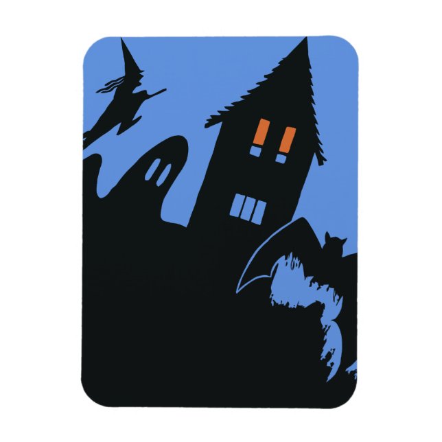 Vintage Halloween, Scary Haunted House and Witch Magnet (Vertical)