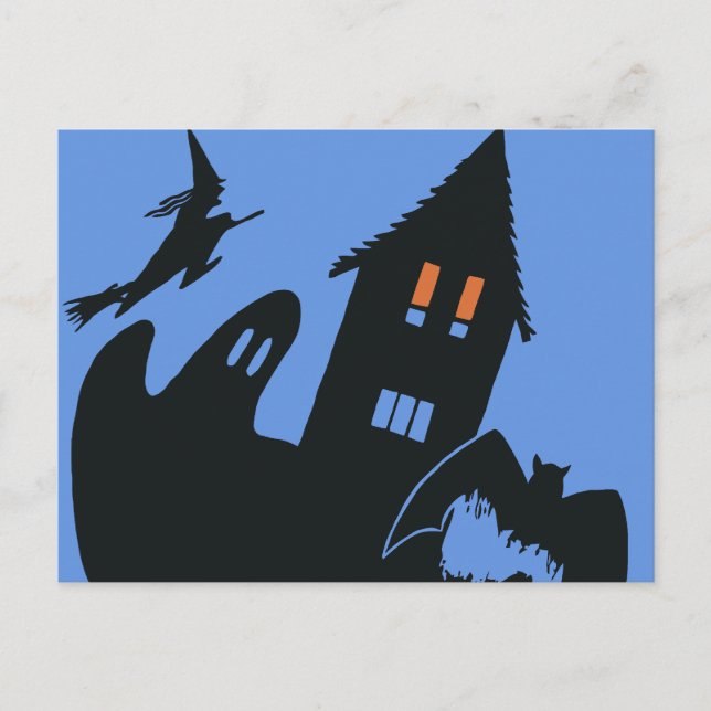 Vintage Halloween, Scary Haunted House and Witch Postcard (Front)