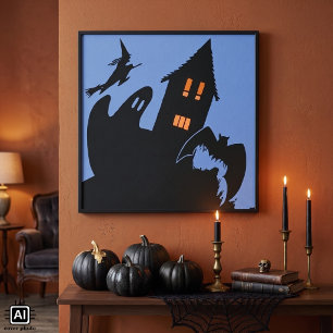 Vintage Halloween, Scary Haunted House and Witch Poster