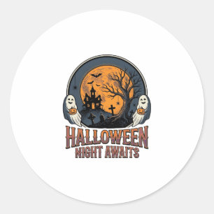 Vintage Halloween Scene Engraved Moon Ghost Shirt_ Classic Round Sticker