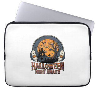 Vintage Halloween Scene Engraved Moon Ghost Shirt_ Laptop Sleeve