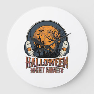 Vintage Halloween Scene Engraved Moon Ghost Shirt_ Large Clock