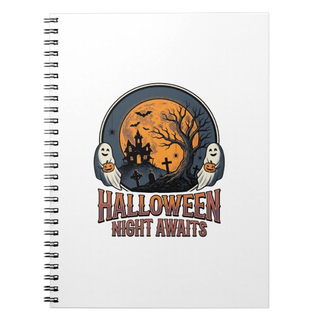 Vintage Halloween Scene Engraved Moon Ghost Shirt_ Notebook (Front)
