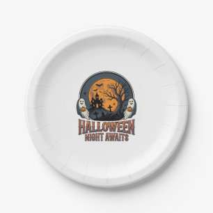Vintage Halloween Scene Engraved Moon Ghost Shirt_ Paper Plate