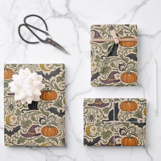 Vintage Halloween Scrollwork Wrapping Paper Sheet (Front)