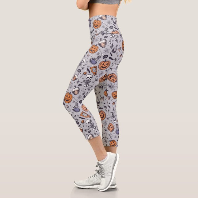 Vintage Halloween Skeleton and Potions Pattern Capri Leggings (Left)