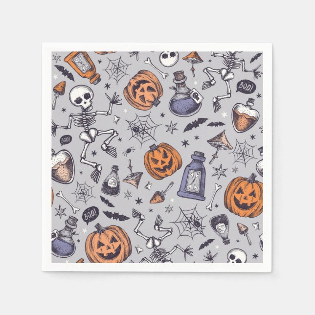 Vintage Halloween Skeleton and Potions Pattern Napkin (Front)