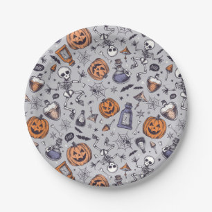 Vintage Halloween Skeleton and Potions Pattern Paper Plate