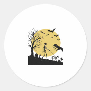 Vintage Halloween Skeleton Dog Moon Vector Design_ Classic Round Sticker