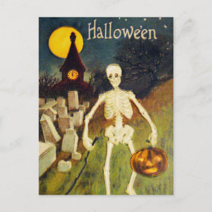 Vintage Halloween skeleton pumpkin postcard