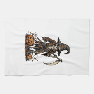 Vintage Halloween Skeleton Scarecrow Pumpkin Shirt Tea Towel