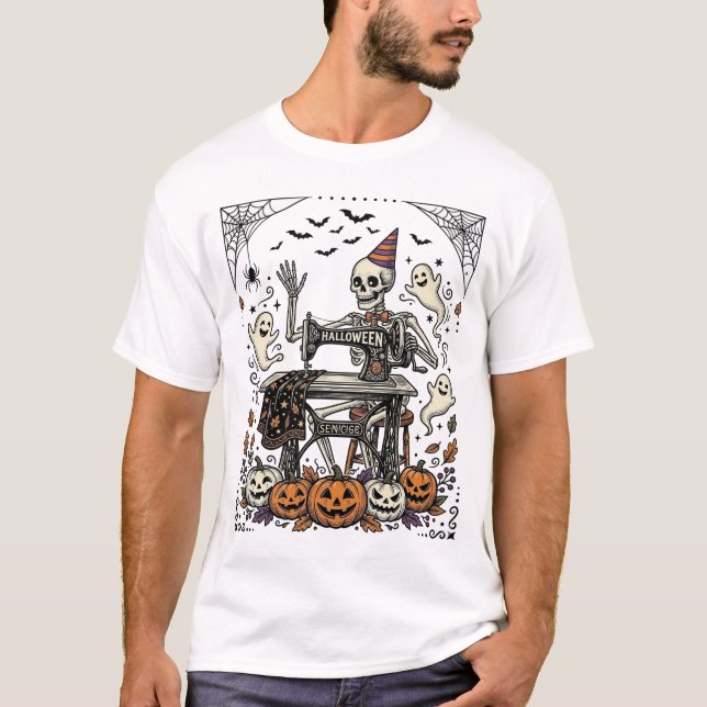 Vintage Halloween Skeleton Sewing Machine Shirt De (Front)