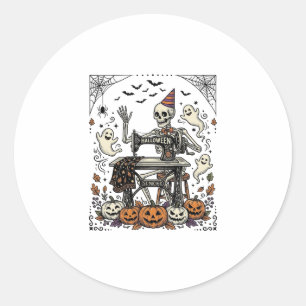 Vintage Halloween Skeleton Sewing Machine Shirt De Classic Round Sticker