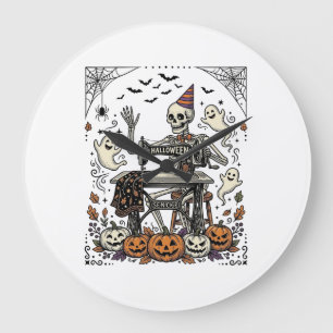 Vintage Halloween Skeleton Sewing Machine Shirt De Large Clock
