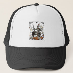 Vintage Halloween Skeleton Sewing Machine Shirt De Trucker Hat