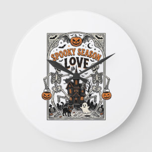 Vintage Halloween Skeleton Spooky Season Love Shir Large Clock