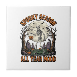 Vintage Halloween Skeleton Spooky Season White Shi Tile