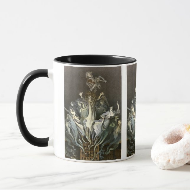 Vintage Halloween, Skeleton Violinist and Ghosts Mug (With Donut)
