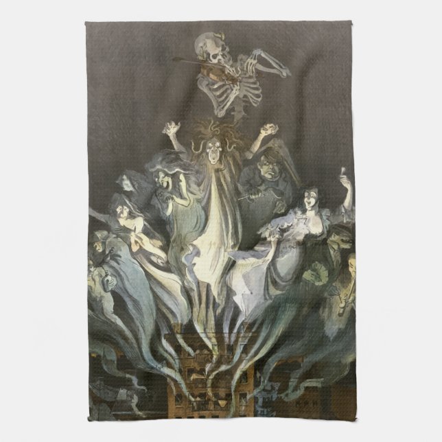 Vintage Halloween, Skeleton Violinist and Ghosts Tea Towel (Vertical)