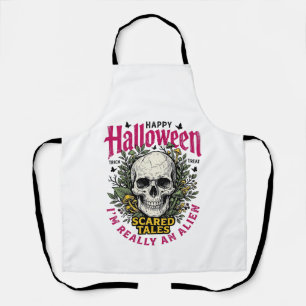 Vintage Halloween Skull Alien Graphic for White Sh Apron