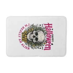 Vintage Halloween Skull Alien Graphic for White Sh Bath Mat