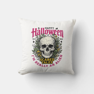Vintage Halloween Skull Alien Graphic for White Sh Cushion