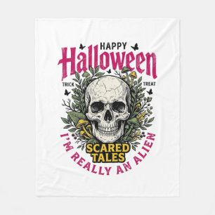 Vintage Halloween Skull Alien Graphic for White Sh Fleece Blanket