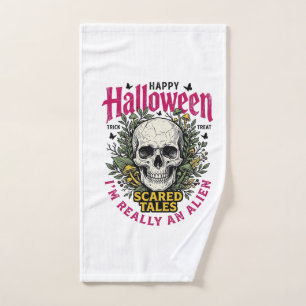 Vintage Halloween Skull Alien Graphic for White Sh Hand Towel