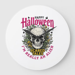 Vintage Halloween Skull Alien Graphic for White Sh Large Clock