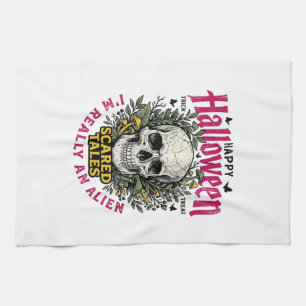 Vintage Halloween Skull Alien Graphic for White Sh Tea Towel