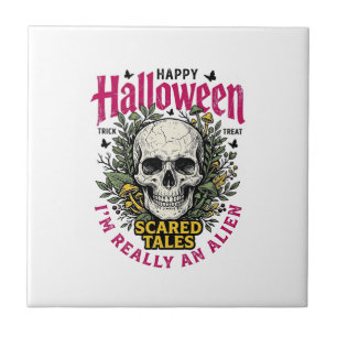 Vintage Halloween Skull Alien Graphic for White Sh Tile
