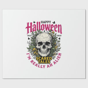 Vintage Halloween Skull Alien Graphic for White Sh Wrapping Paper