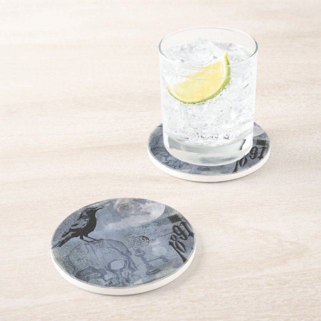 Vintage Halloween Skull and Crow Coaster (Side)