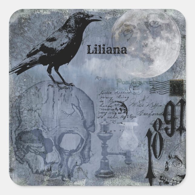 Vintage Halloween Skull and Crow Customise Square Sticker (Front)