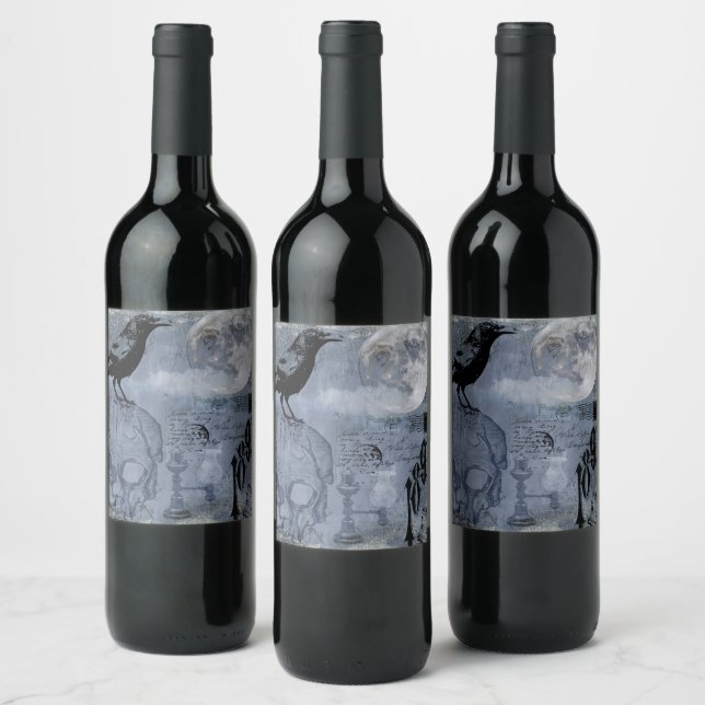 Vintage Halloween Skull and Crow Customise Wine Label (Bottles)
