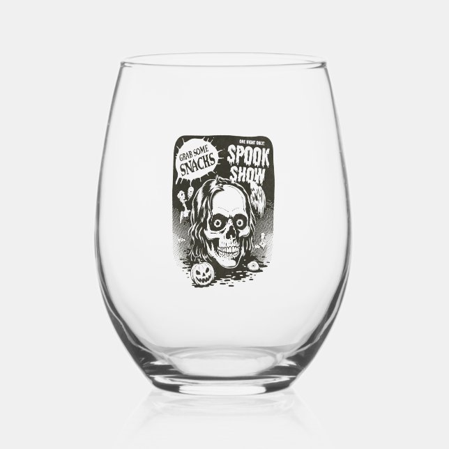 Vintage Halloween Spook Show Stemless Wine Glass (Front)