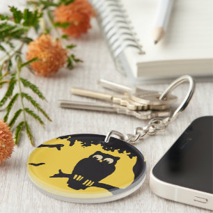 Vintage Halloween, Spooky Owl in Tree with Moon Key Ring