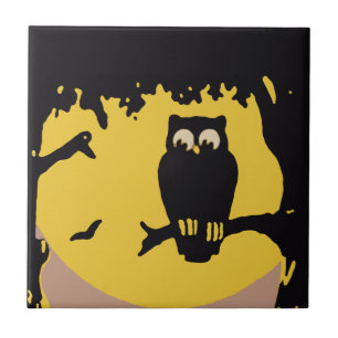 Vintage Halloween, Spooky Owl in Tree with Moon Tile