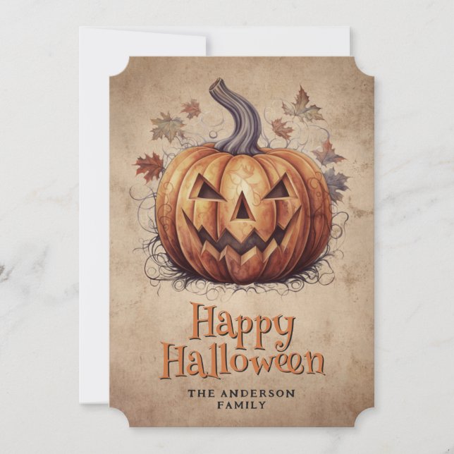 Vintage Halloween Spooky Pumpkin  Holiday Card (Front)