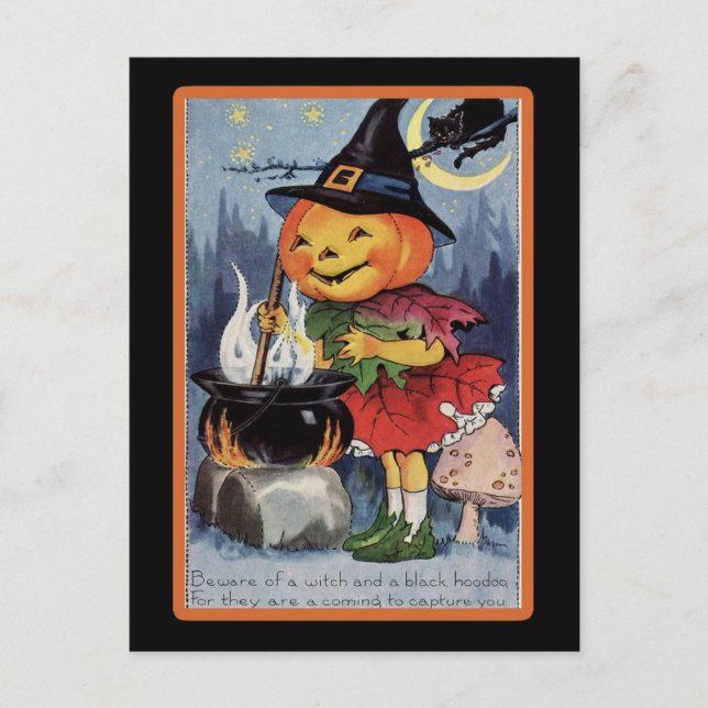 Vintage Halloween Spooky Pumpkin Witch Postcard (Front)