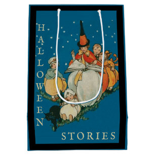 Vintage Halloween Storytime Little Witch Black Cat Medium Gift Bag