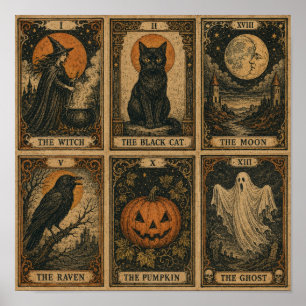 Vintage Halloween Tarot Cards Sheet Poster