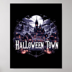 Vintage Halloween Town Skeleton Ghost Pumpkin Hall Poster