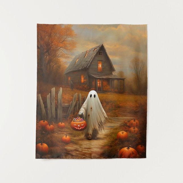 Vintage Halloween Trick-or-Treating Ghost Tapestry (Front)
